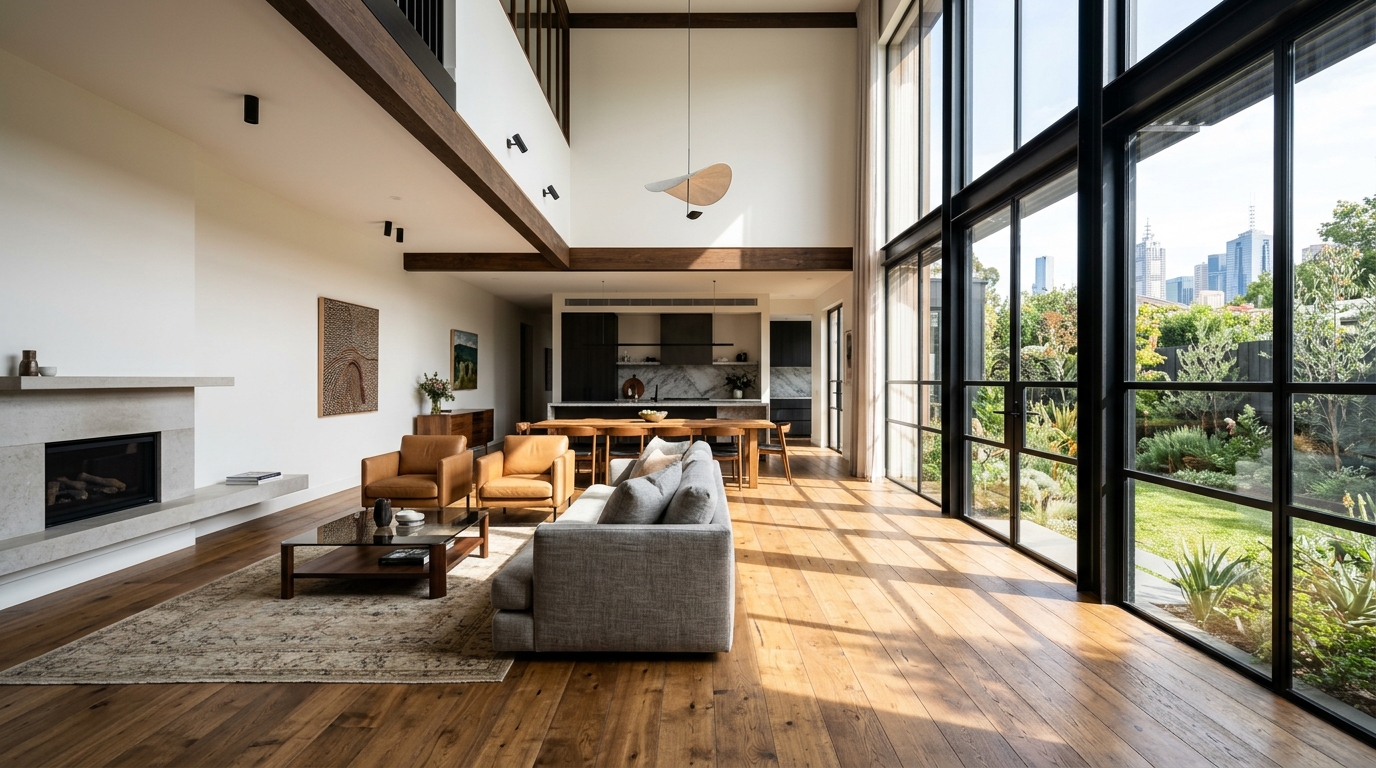 Breathtaking light-filled Melbourne architectural home with freshly painted interior and skyline view