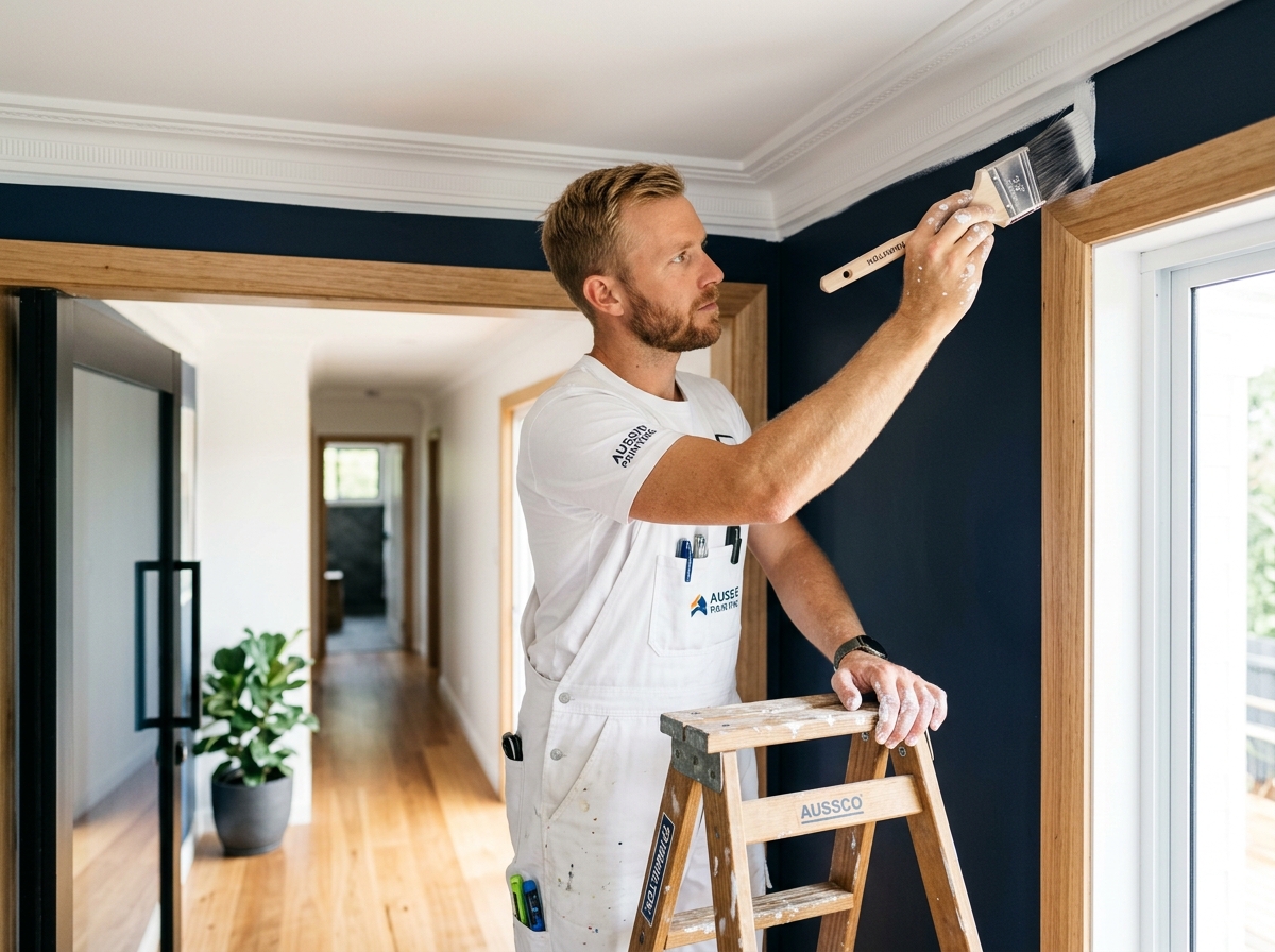 Professional Melbourne master painter cutting crisp paint lines on architectural trim