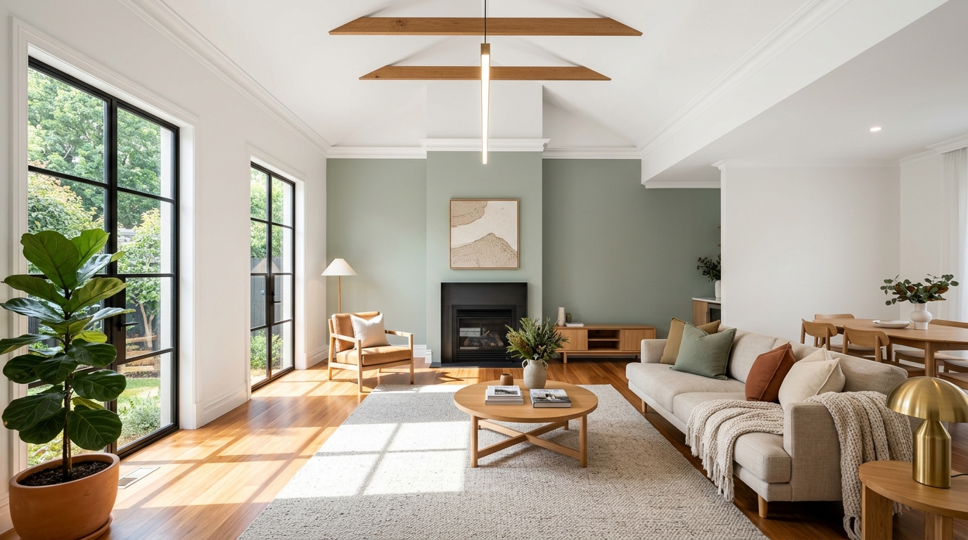 After painting transformation of a modern Melbourne living room with eucalyptus sage feature wall
